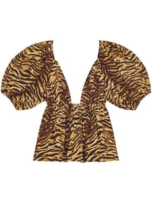 GANNI tiger-print organic cotton flared blouse - Brown
