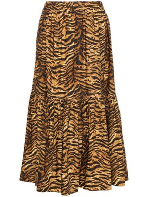 GANNI tiger-striped poplin midi skirt - Brown
