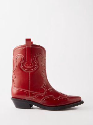 Ganni - Topstitched Leather Cowboy Boots - Womens - Red Multi