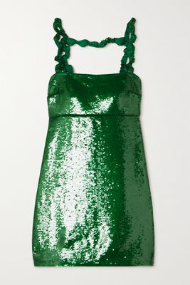 GANNI - Twisted Sequined Satin Mini Dress - Green