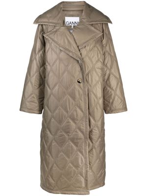 GANNI wide-lapels quilted maxi coat - Brown