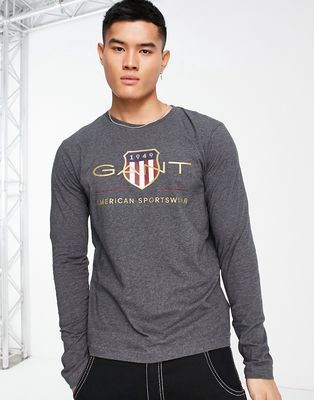 GANT archive shield logo long sleeve top in charcoal heather-Gray