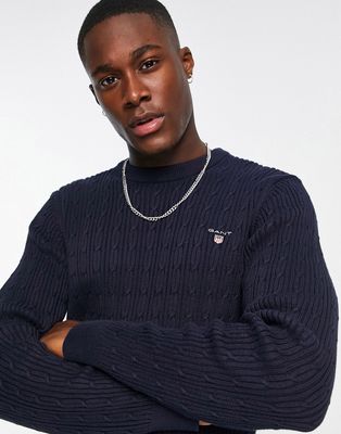 GANT icon logo cotton cable knit sweater in navy