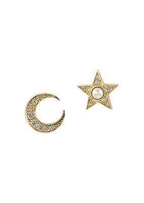 Garden Of Eden 14K Yellow Gold, 0.25 TCW Natural Diamond & Freshwater Pearl Moon & Star Mismatched Stud Earrings