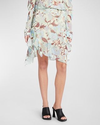 Garden-Print Asymmetric Chiffon Mini Skirt