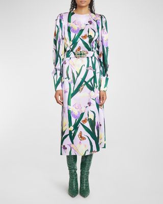 Garden-Print Puff-Sleeve Belted Silk Midi Dress