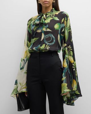 Garden-Print Silk Flare-Sleeve Neck-Tie Shirt