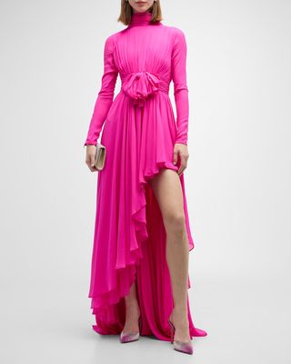 Gathered Bow-Front Arch-Slit Long-Sleeve Gown