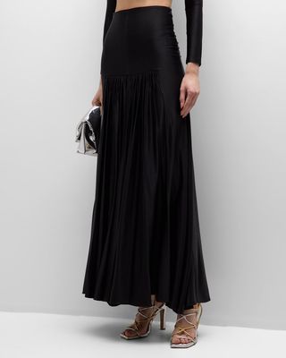 Gathered Button-Back A-Line Maxi Skirt