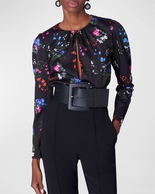 Gathered Keyhole Floral-Printed Blouse