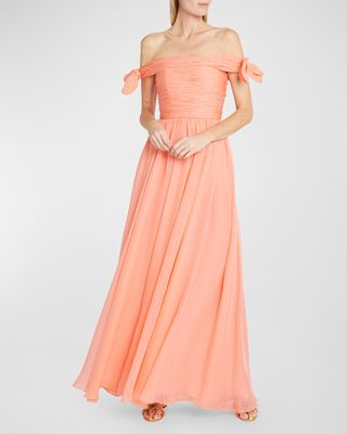 Gathered Knotted Off-The-Shoulder Silk Gown