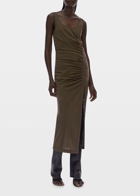 Gathered Midi Tank Dress with Snap Details