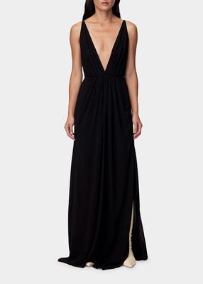 Gathered Plunging V-Neck Gown