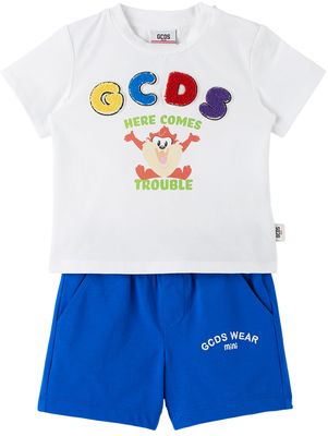 GCDS Kids Baby White & Blue T-Shirt & Shorts Set