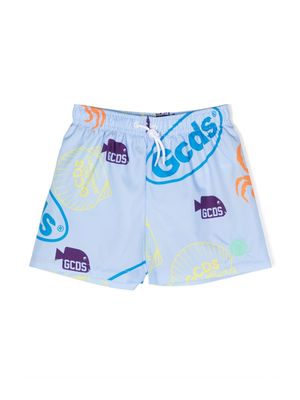 Gcds Kids sea life-print drawstring swim shorts - Blue