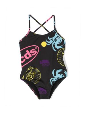 Gcds Kids sea life-print swimsuit - Black