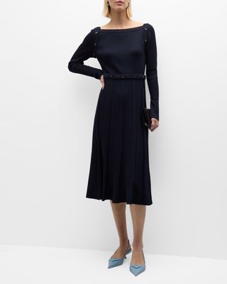 Gemma Button Long-Sleeve Pleated Knit Midi Dress