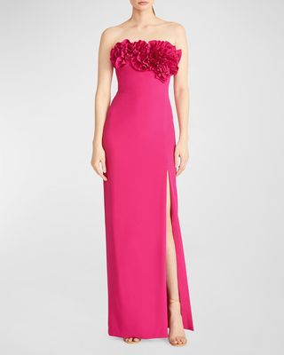 Gemma Ruffle Strapless Thigh-Slit Crepe Gown