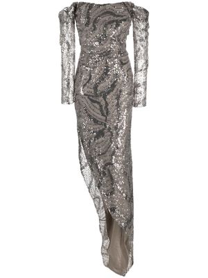 Gemy Maalouf Bardot-neckline sequin-embellishment dress - Silver