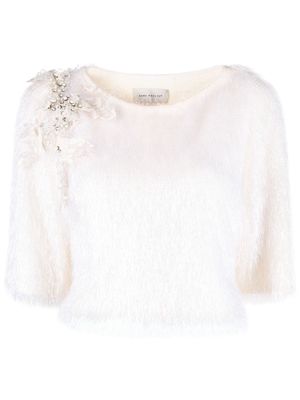 Gemy Maalouf crystal-detail fringed cropped blouse - Neutrals