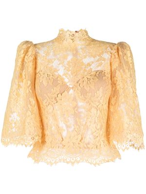 Gemy Maalouf floral-lace puff-sleeve top - Yellow