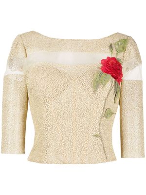 Gemy Maalouf rose-embroidered jacquard tulle top - Gold