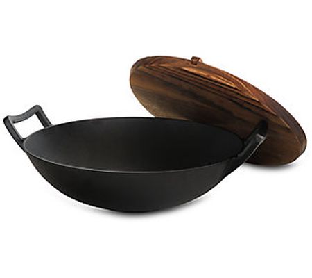 General Store 14" Heavy Duty Cast Iron Wok with Wood Lid