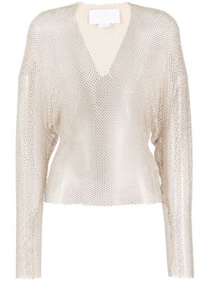 Genny rhinestone-embellished V-neck mesh blouse - Neutrals