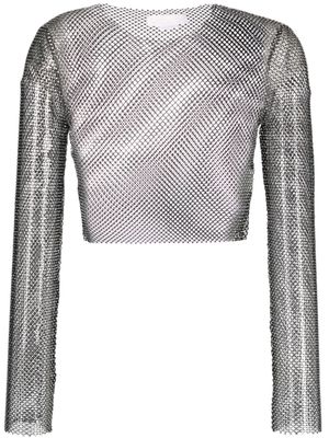 Genny rhinestone mesh cropped blouse - Black