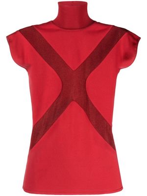 Genny semi-sheer panel high-neck T-shirt - Red