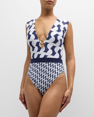 Geometric Printed Wireless One-Piece Swimsuit