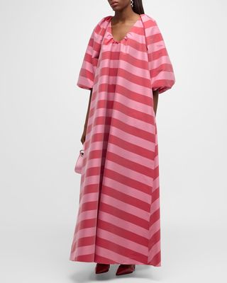 George Striped Balloon-Sleeve Maxi Dress