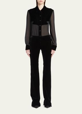 Georgette Semi-Sheer Button-Front Shirt with Velour Details