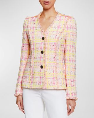 Georgia Fringe-Trim Plaid Tweed Jacket