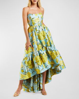 Georgiana Strapless Floral-Print High-Low Gown