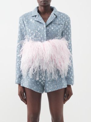 Germanier - Feather-trimmed Cropped Cotton-tweed Jacket - Womens - Blue Multi