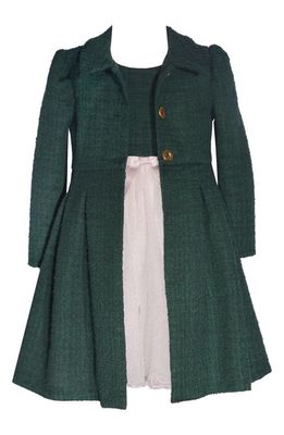 GERSON & GERSON Bouclé Coat & Mixed Media Dress Set in Green