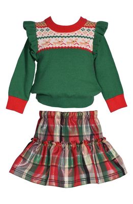 GERSON & GERSON Fair Isle Sweater & Metallic Plaid Taffeta Skirt Set in Green