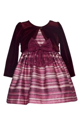 GERSON & GERSON Stripe Jacquard Party Dress & Velvet Bolero Set in Burgundy