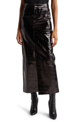 GESTUZ Anafee High Waist Croc Embossed Lambskin Leather Midi Skirt in Black