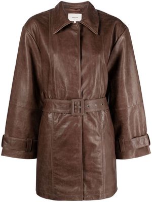 Gestuz belted-waist leather coat - Brown