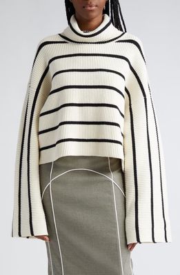 GESTUZ Georgiagz Stripe Wide Sleeve Cowl Neck Sweater in Egret With Black Stripes