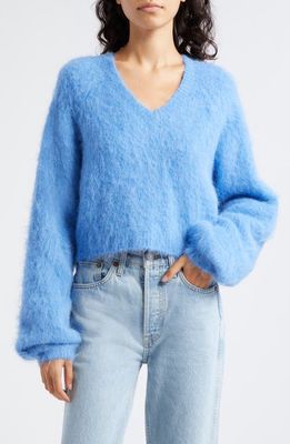 GESTUZ Safigz Fuzzy Alpaca Blend V-Neck Sweater in Marina