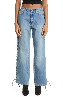 GESTUZ Saima Lace-Up Straight Leg Jeans in Mid Blue Washed