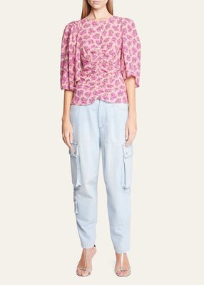 Geza Printed Ruch Top with Flutter Sleeves