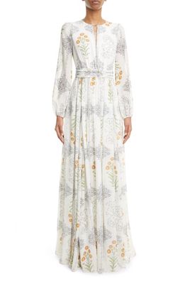 Giambattista Valli Bouquet Print Belted Long Sleeve Silk Georgette Gown in White/Multi P019