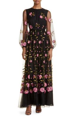 Giambattista Valli Carnation Embroidered Long Sleeve Maxi Dress in Black/Rose