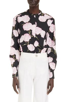 Giambattista Valli Carnation Print Cotton Button-Up Shirt in Black/Rose