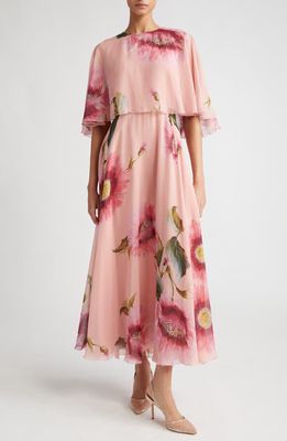 Giambattista Valli Floral Cape Overlay Silk Midi Dress in Rose/Multi