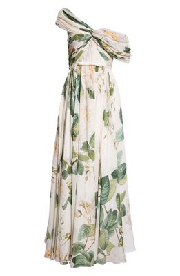 Giambattista Valli Floral Draped One-Shoulder Silk Gown in Ivory/Green